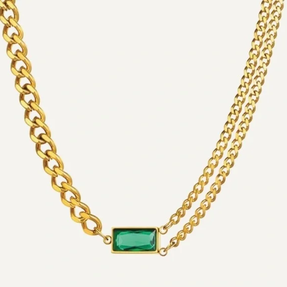 Green Zirconia Curb Mix Chain Bracelet | Gold Plated Stainless Steel - Picture 2 of 2